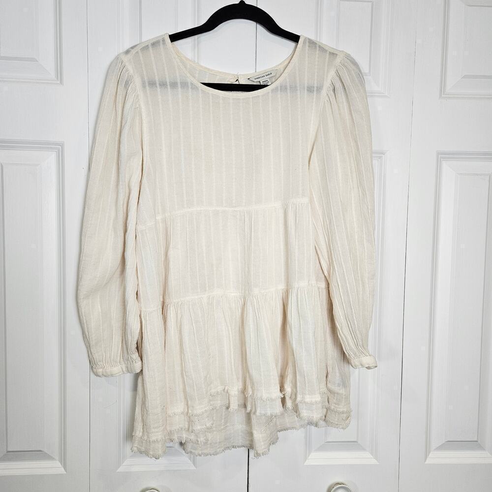 American Eagle Medium Ivory Tiered Babydoll Top Long Sleeve Open Back Tunic